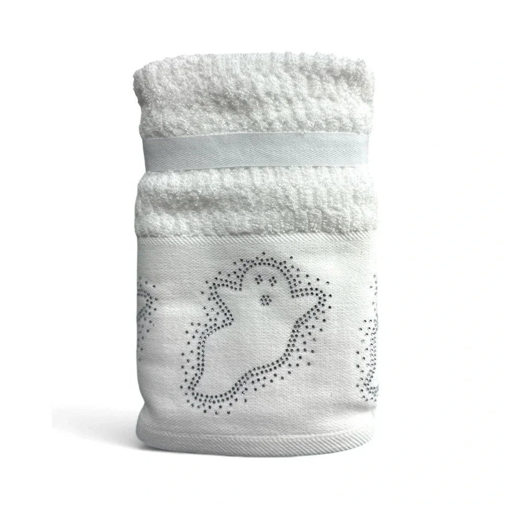 Casaba Halloween Hand Towels Set of 2 – White with Ghost Rhinestones – OEKO-TEX®